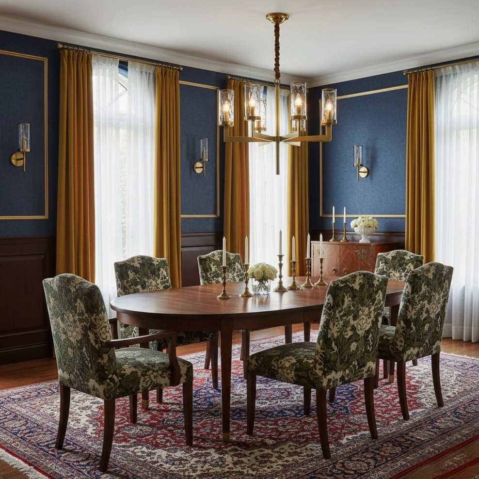 Liaison brass chandelier with matching wall sconces in retro luxury dining room with floral chairs