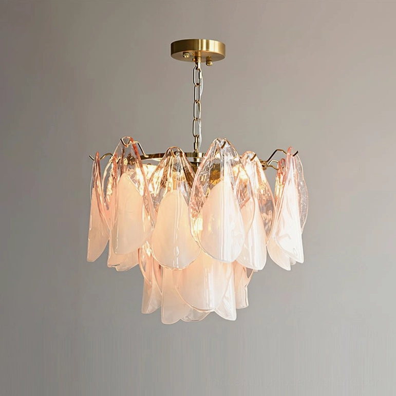 Compact tiered foliage glass chandelier with light pink glass petals and brass accents