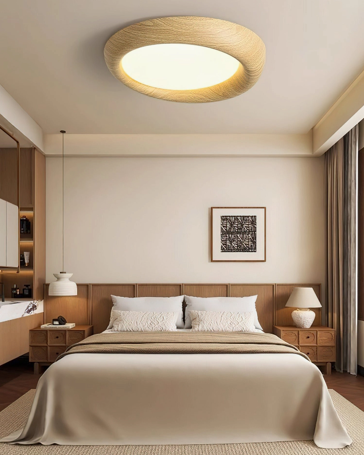 Light natural wood ceiling light in Scandinavian bedroom, minimalist japandi style with warm illumination