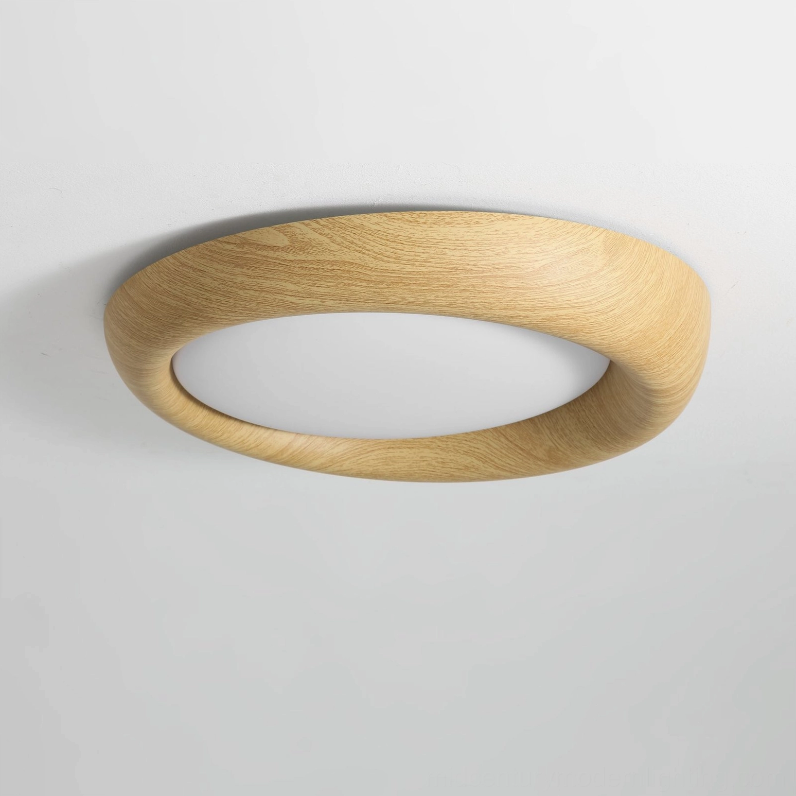 Vikaey light wood ceiling light with thin curved frame, warm neutral studio background