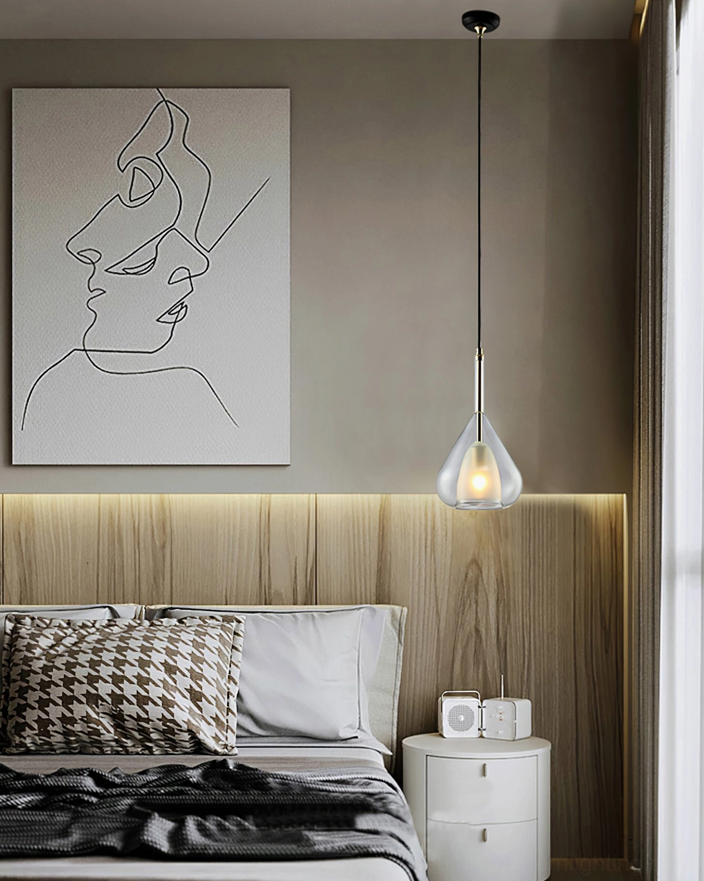 Lila pendant light illuminating modern master bedroom with warm neutral decor and contemporary furniture