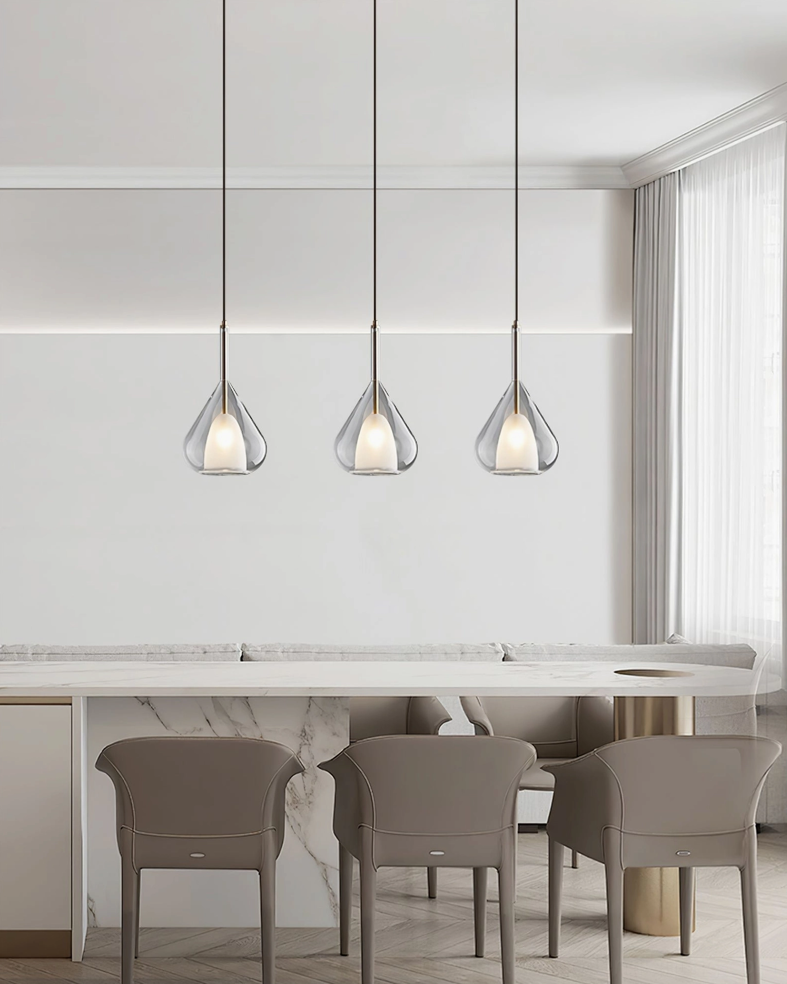 Lila pendant showing warm light output and atmospheric ambiance in residential space