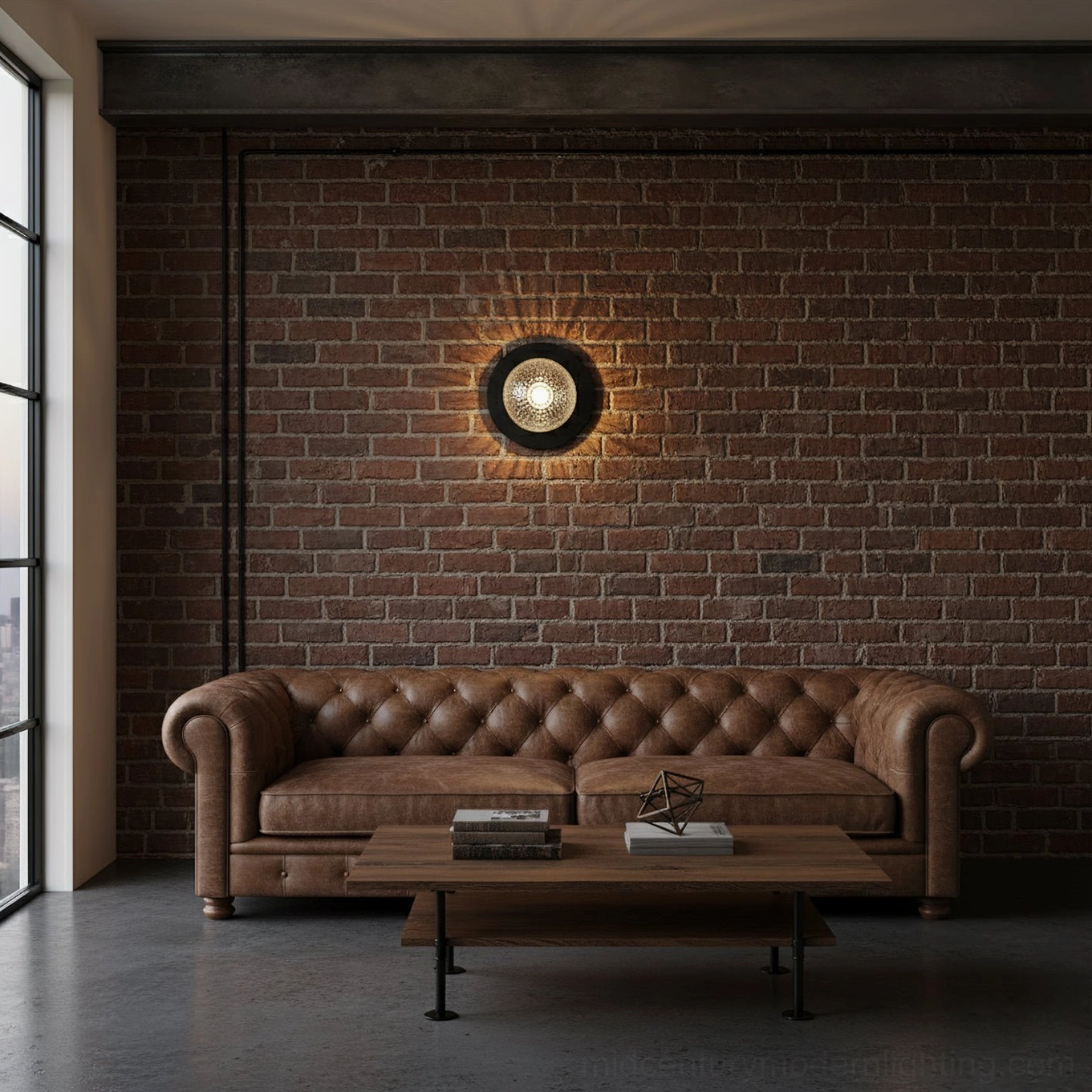 Lila wall sconce with exposed G9 bulb on industrial brick wall living room feature