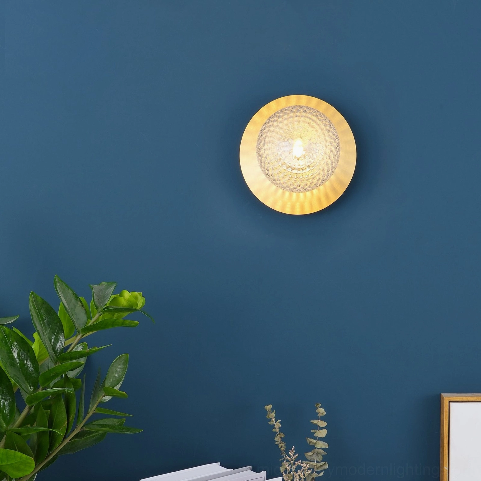 Lila mouth-blown glass wall sconce close-up detail with brass backplate and textured sphere