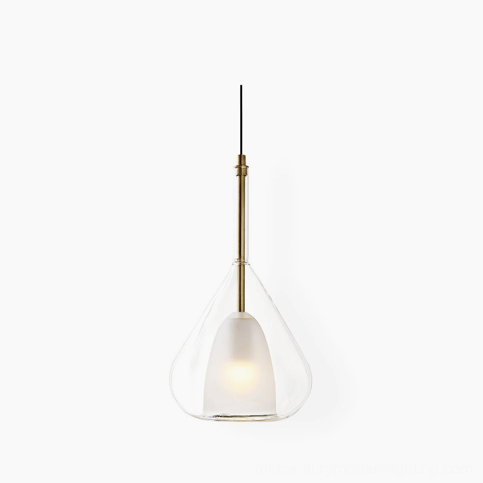 Lila teardrop pendant light with clear glass shade and gold metal fixture, modern minimalist design studio shot