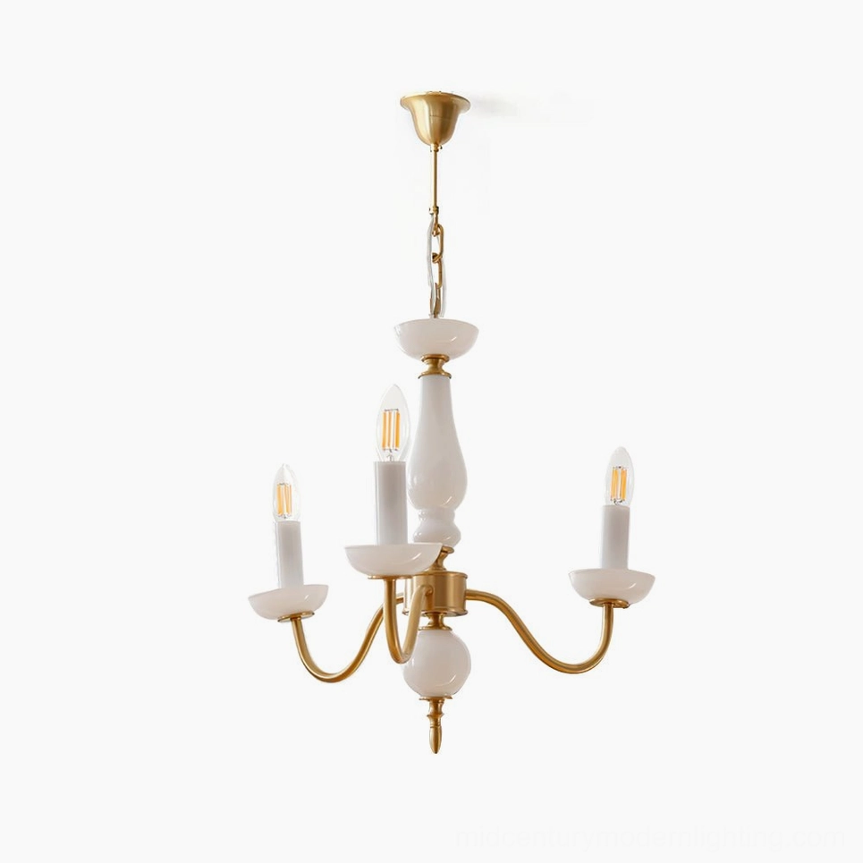 Lillianne 3-head brass candle chandelier front view with white ceramic candle holders on white background