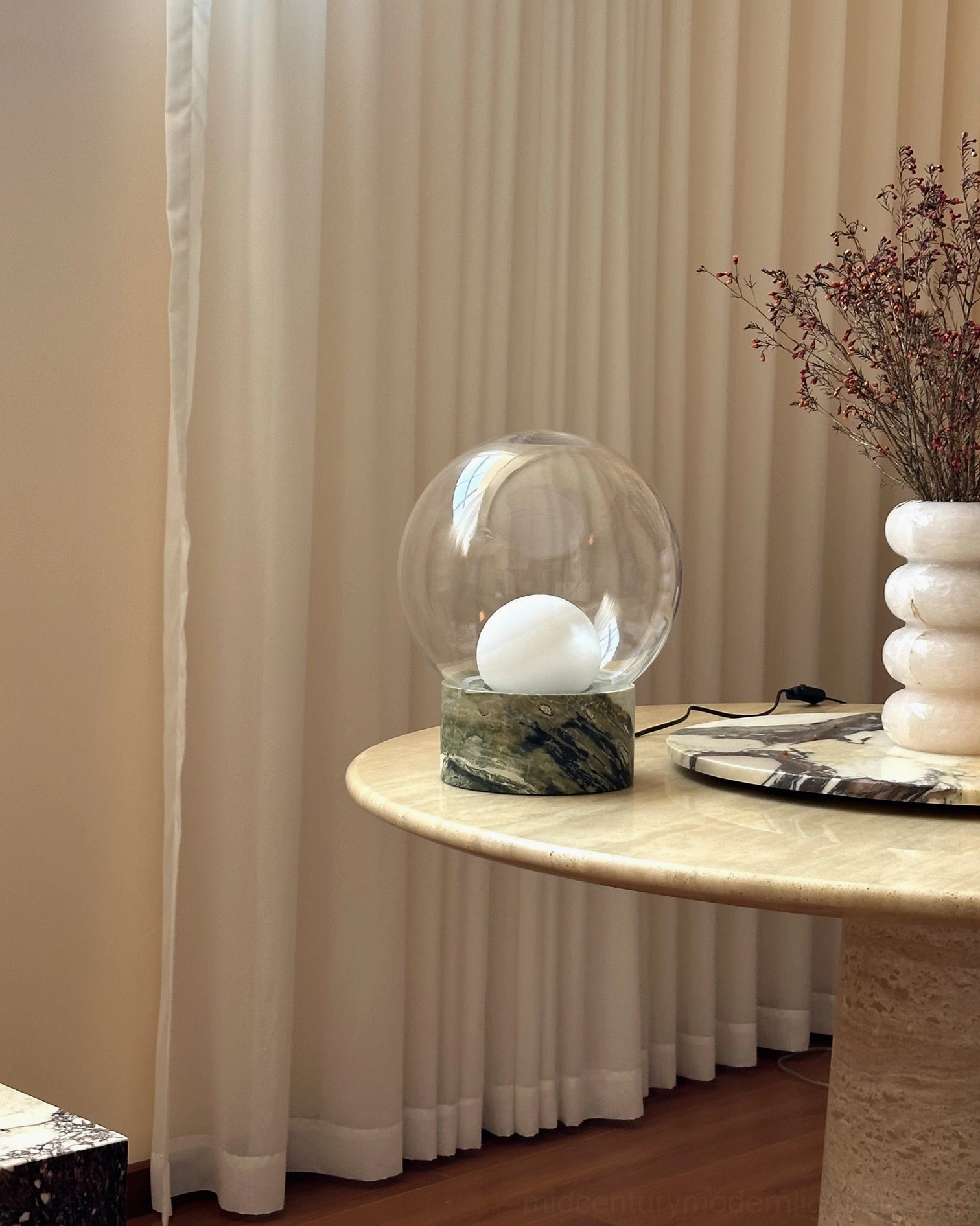 Lilly unlit table lamp next to white decorative vases in beige curtain home setting