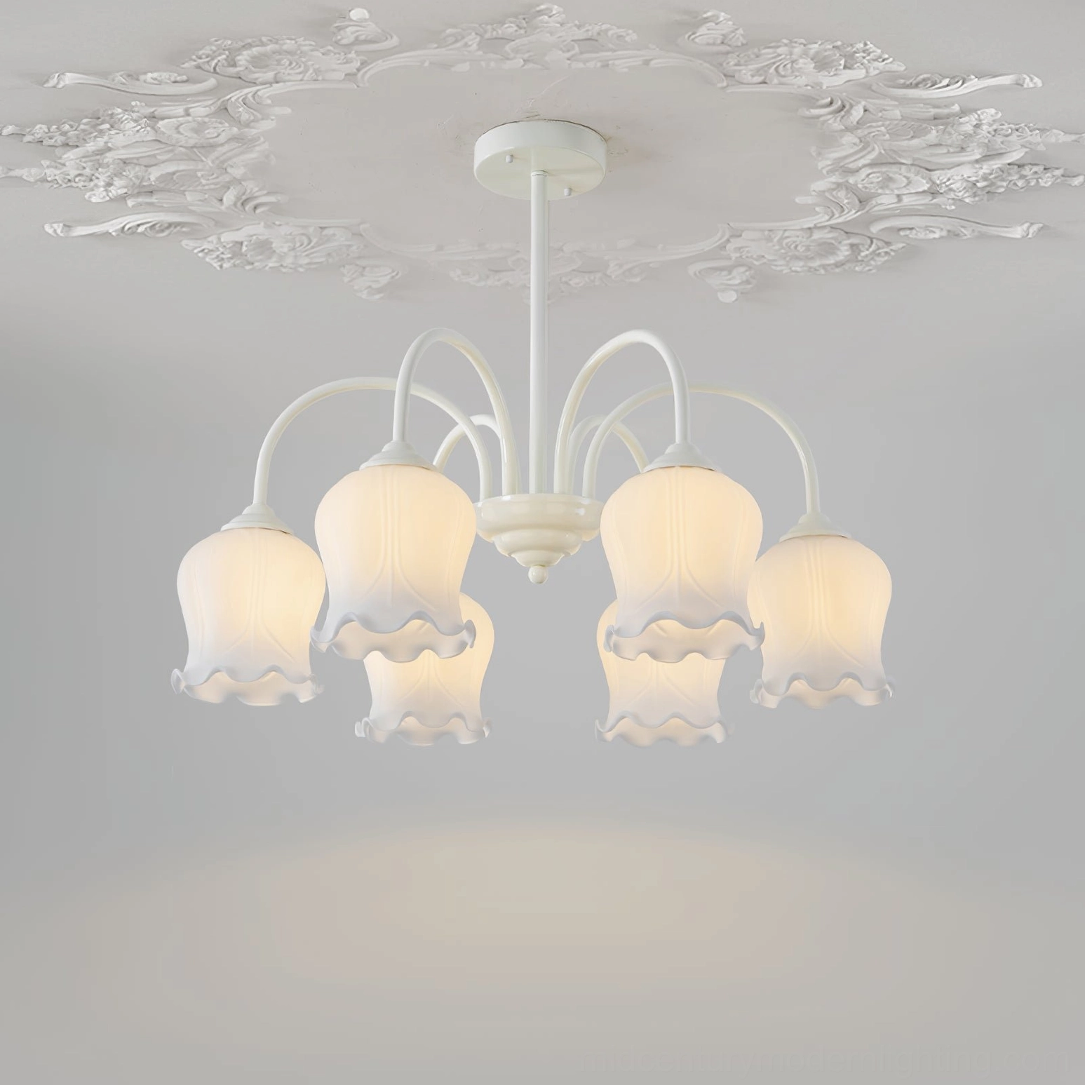 Lily of the valley chandelier ceiling installation overhead view showing ruffled frosted glass shades against ornate ceiling