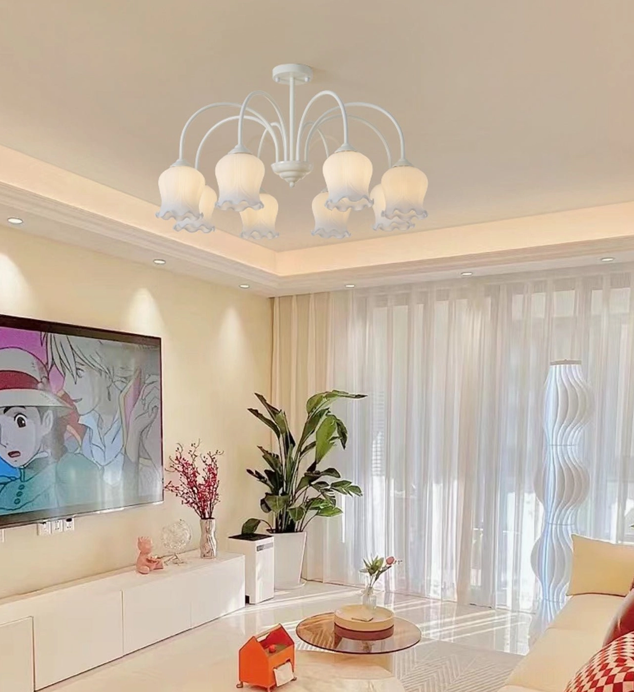 Lily chandelier in elegant dining room setting above table creating warm intimate lighting atmosphere