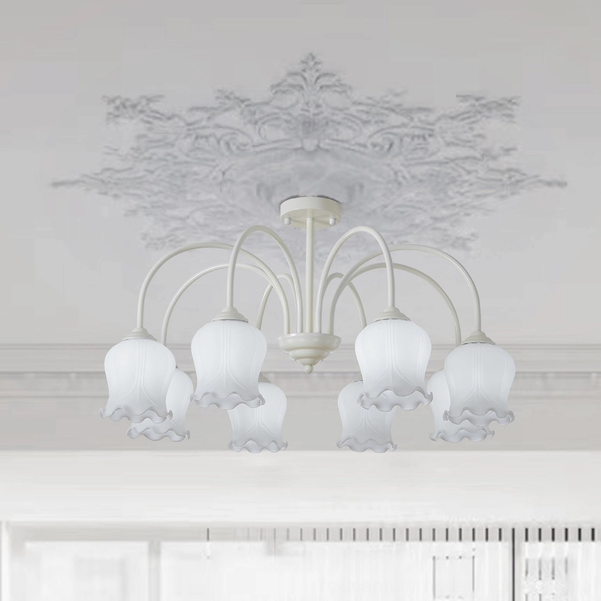 Lily of the valley chandelier showing detailed ruffled glass shade construction and metal suspension mechanism
