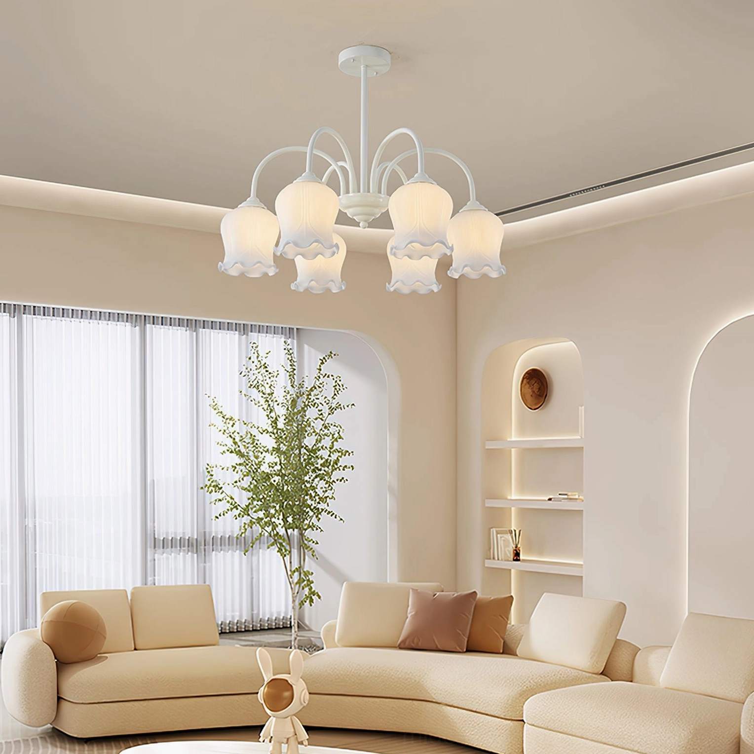 Eight-head lily chandelier in warm cream living room with sectional sofa creating soft ambient lighting