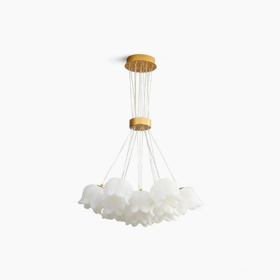 Lily of the valley pendant chandelier in gold and white, front view against pure white background showing all flower-shaped frosted acrylic shades