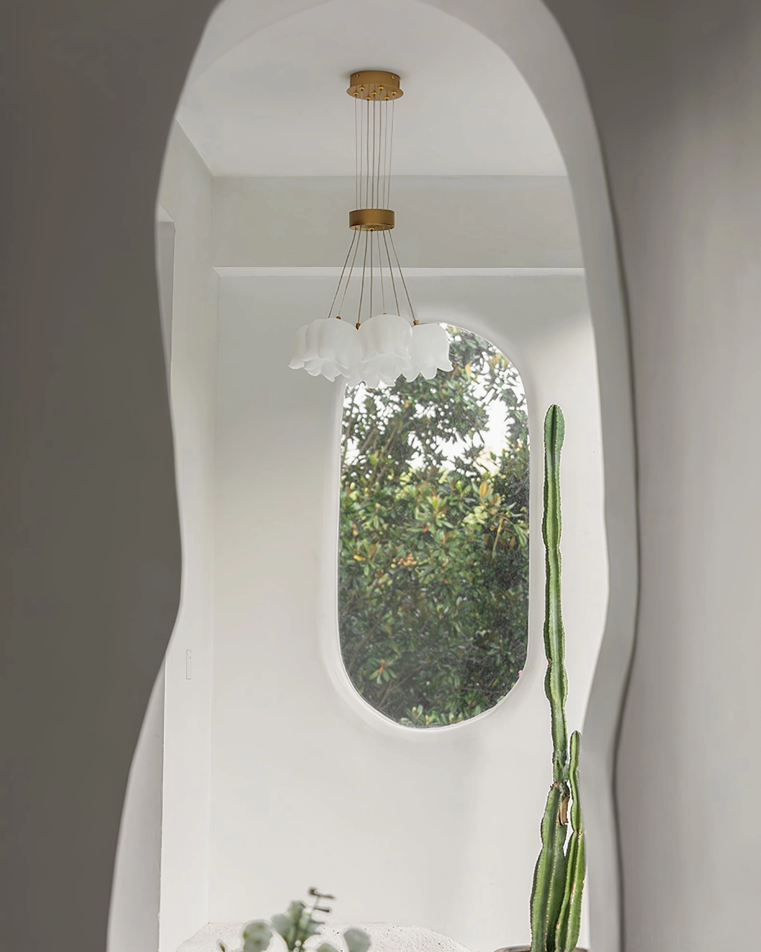 Nordic creamy style minimalist corridor with lily of the valley pendant chandelier near arched window and fresh architectural design