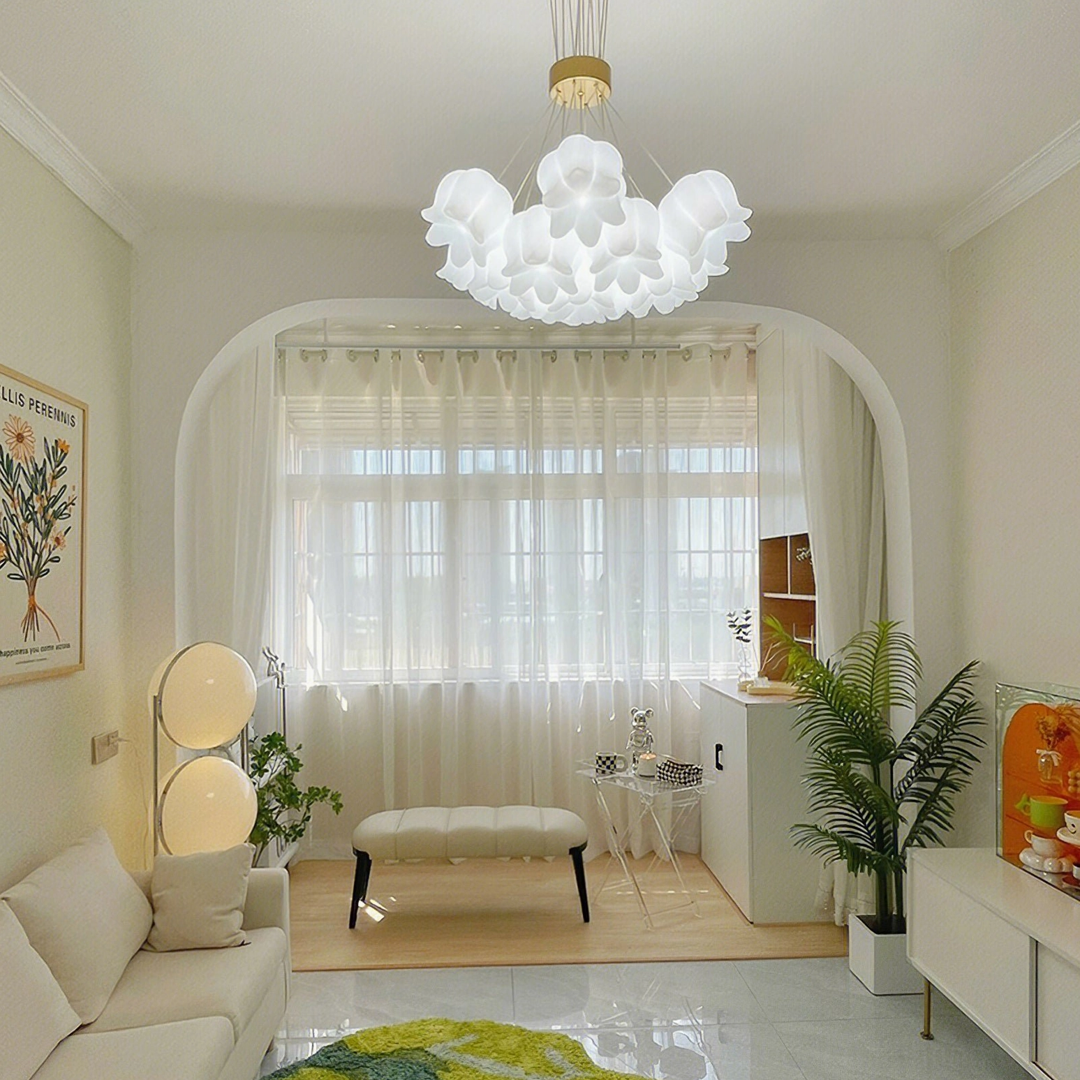 Lily of the valley pendant chandelier overhead installation showing architectural flower-head geometry and structural design