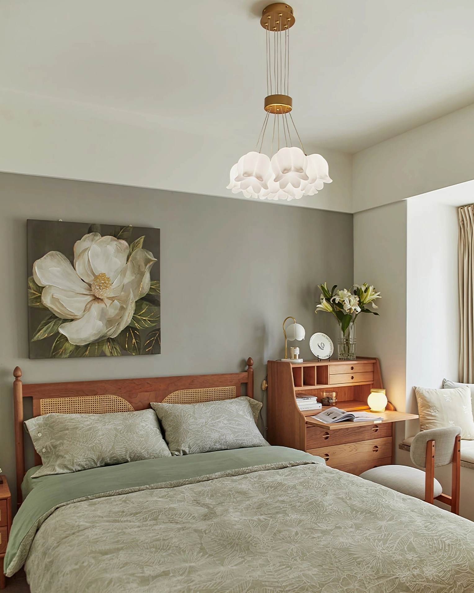 Lily of the valley ceiling fixture in retro creamy bedroom with study area, showcasing multi-head pendant design
