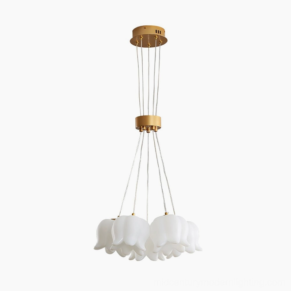 Lily of the valley botanical pendant chandelier in warm interior lighting creating peaceful atmospheric glow for dining or living space