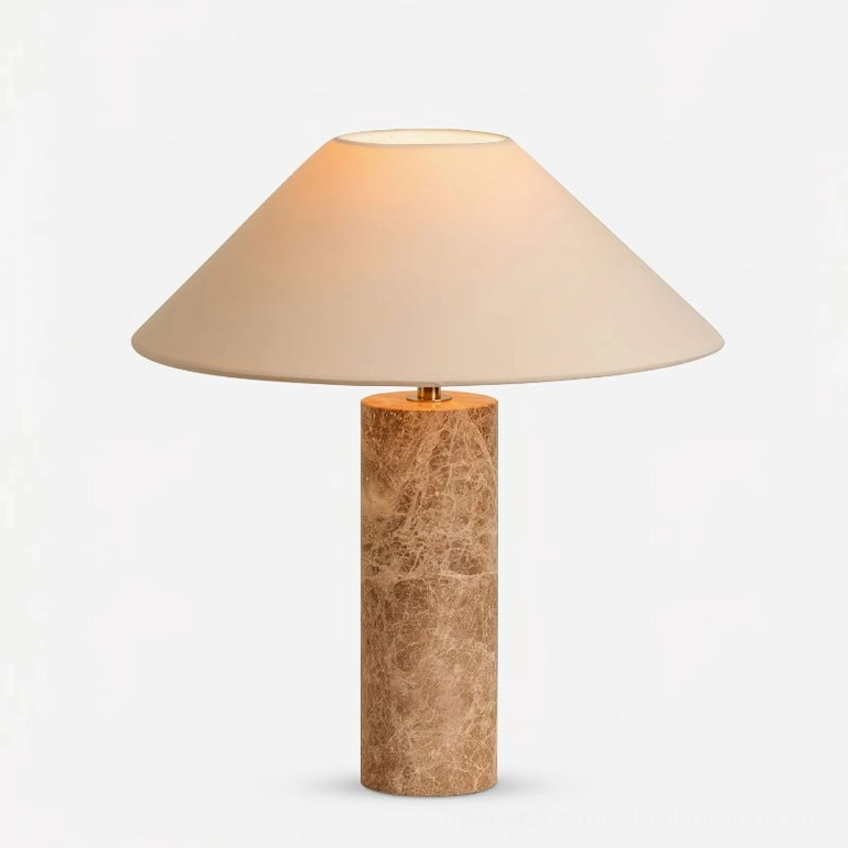 Limoges table lamp fixture close-up brushed metal hardware beige fabric shade construction detail