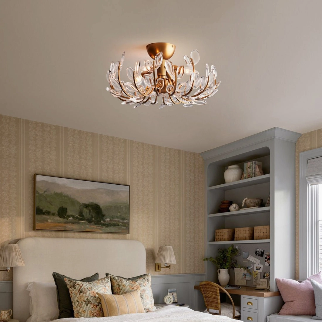 Lindsay ceiling light in bedroom setting, creating warm cozy glow above neutral home decor and warm furnishings