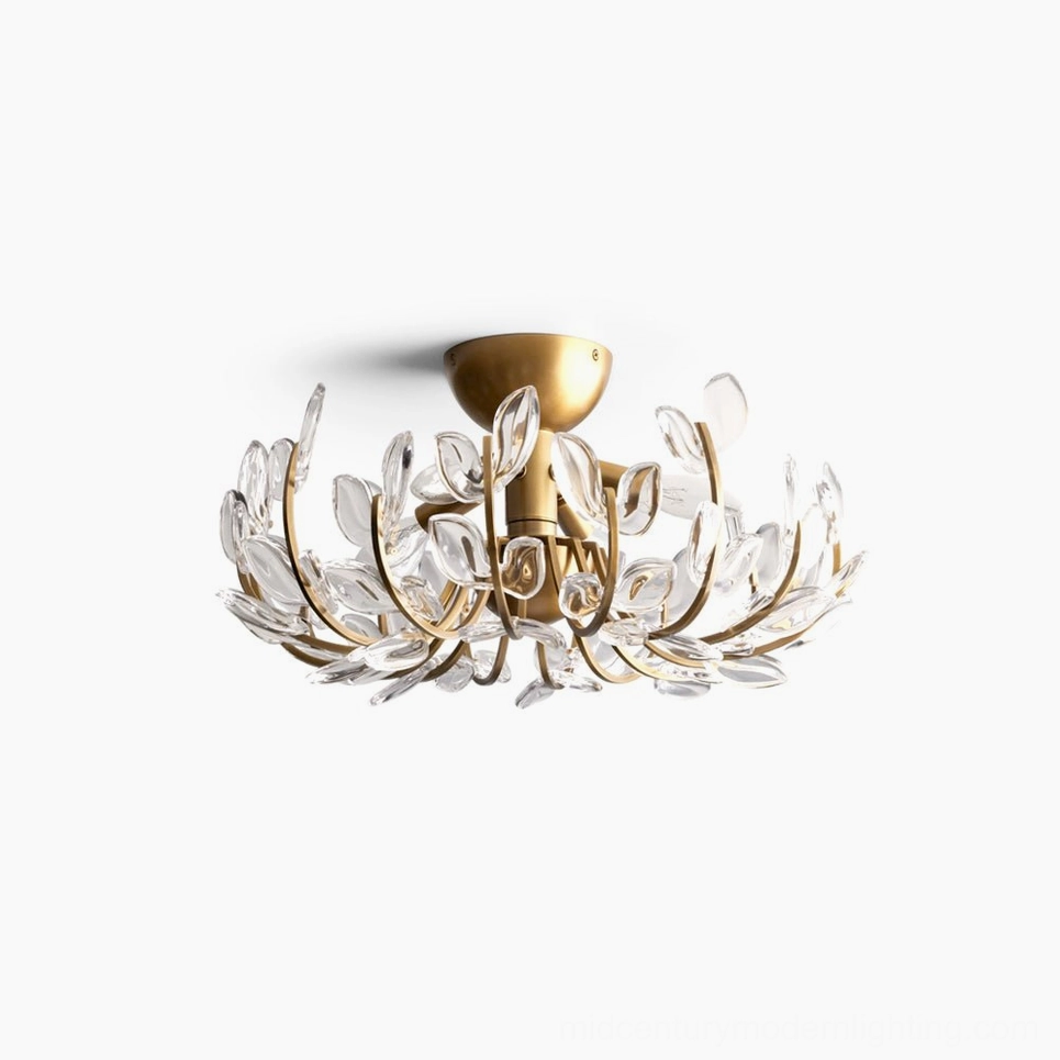 Lindsay floral brass ceiling light with clear glass botanical accents, flat lay product photography on white background
