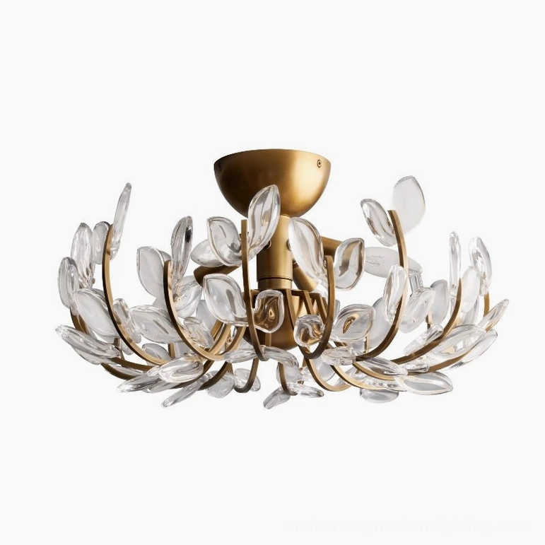 Lindsay brass crystal floral flush mount ceiling light, low three-quarter angle showing romantic leaf glass botanical design