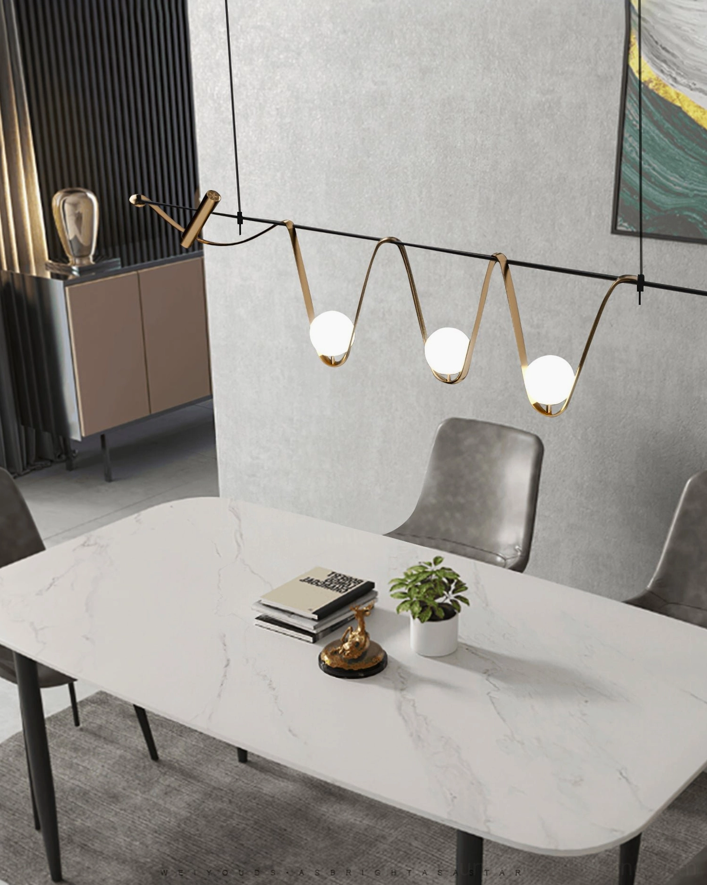 Linear island chandelier architectural detail - frosted glass pendants and metalwork design