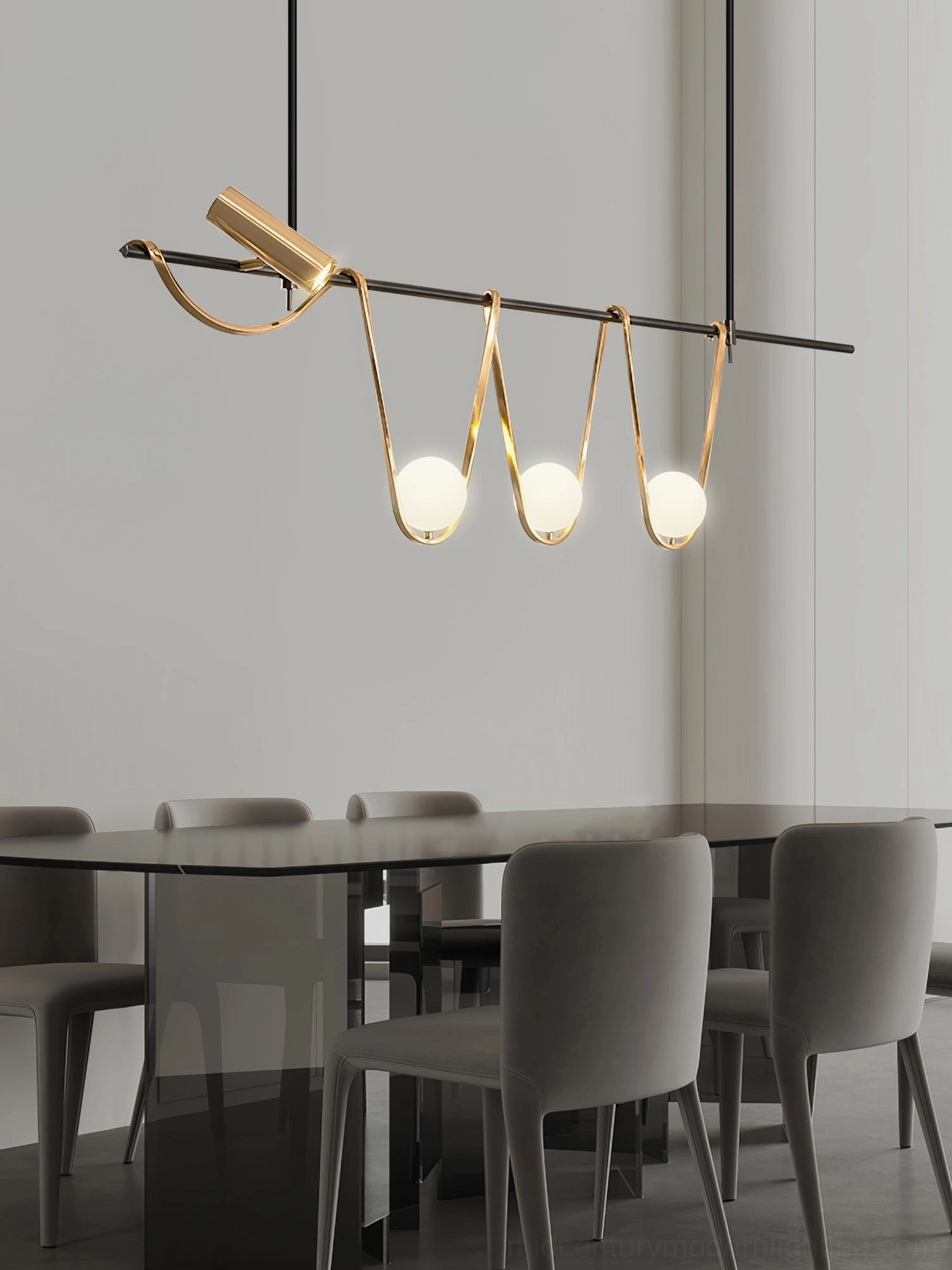 Linear chandelier hanging fixture showing dual suspension points and elongated frame design