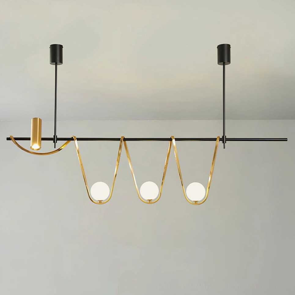 Contemporary linear chandelier showing wrapped metal frame and glass orb bulbs - modern pendant lighting