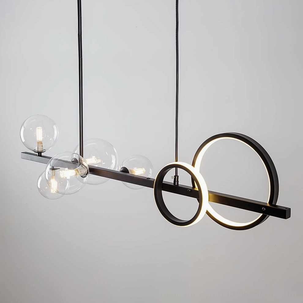 Linear glass bubble pendant chandelier with warm LED glow and gold accents suspended in modern living space