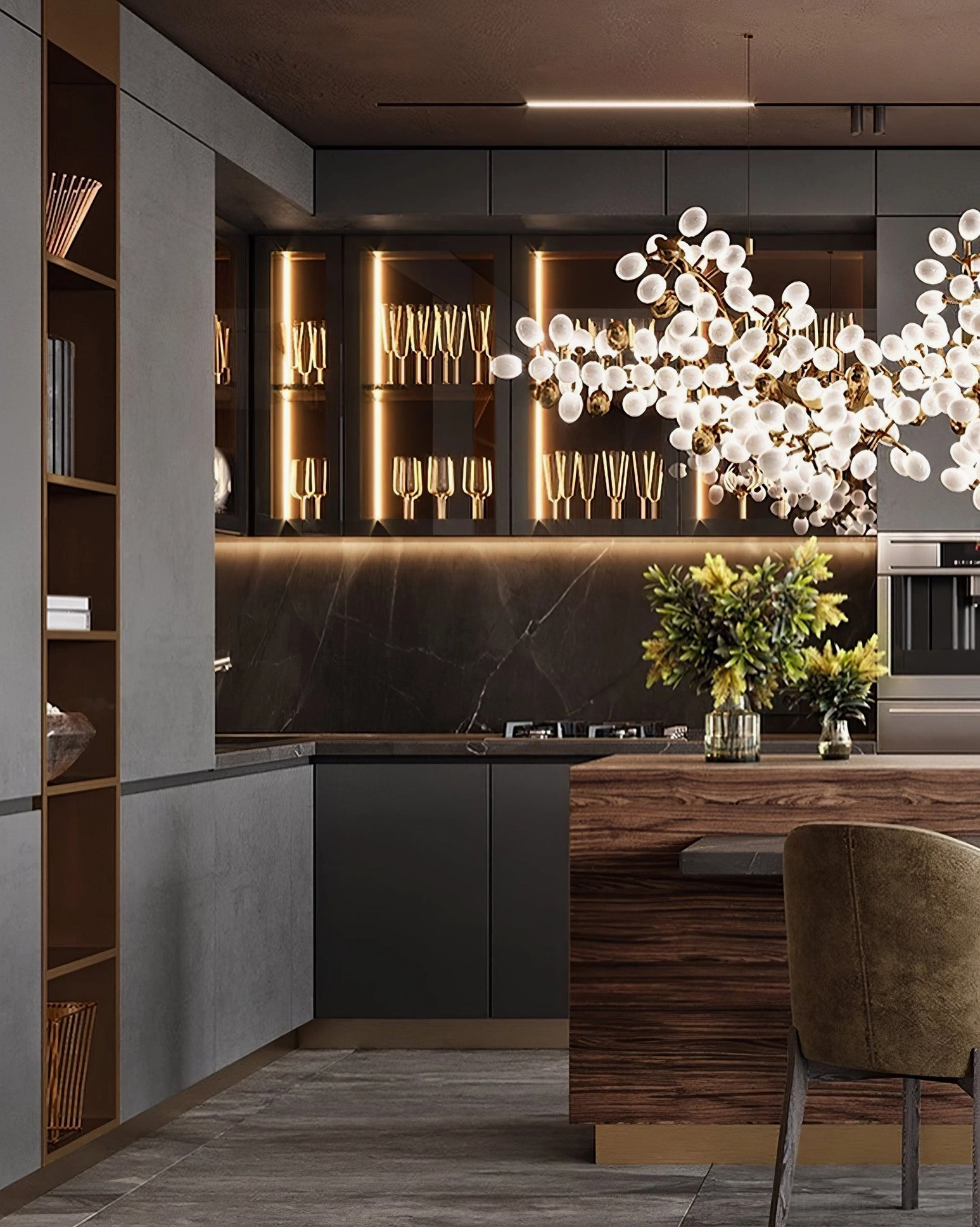 Linear grape bunch chandelier with 92 heads configuration in modern interior lighting design