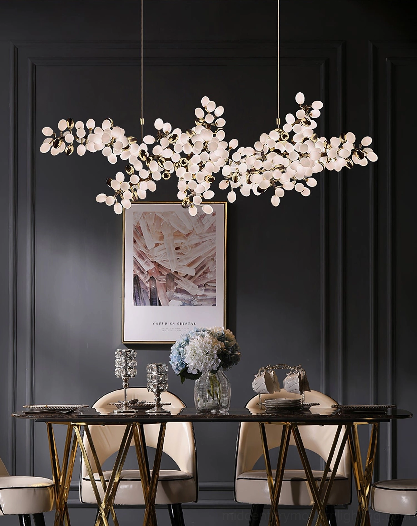 Linear grape vine chandelier with 115 heads mounted in contemporary residential interior space