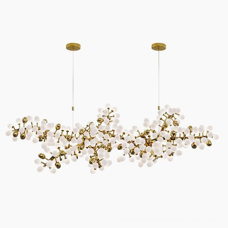 Linear grape vine chandelier 142 heads configuration in luxury residential dining environment