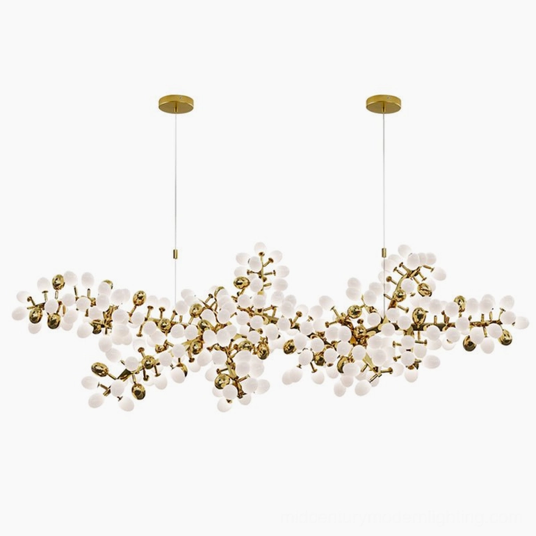 Linear grape vine chandelier 168 heads largest configuration with brass and frosted glass