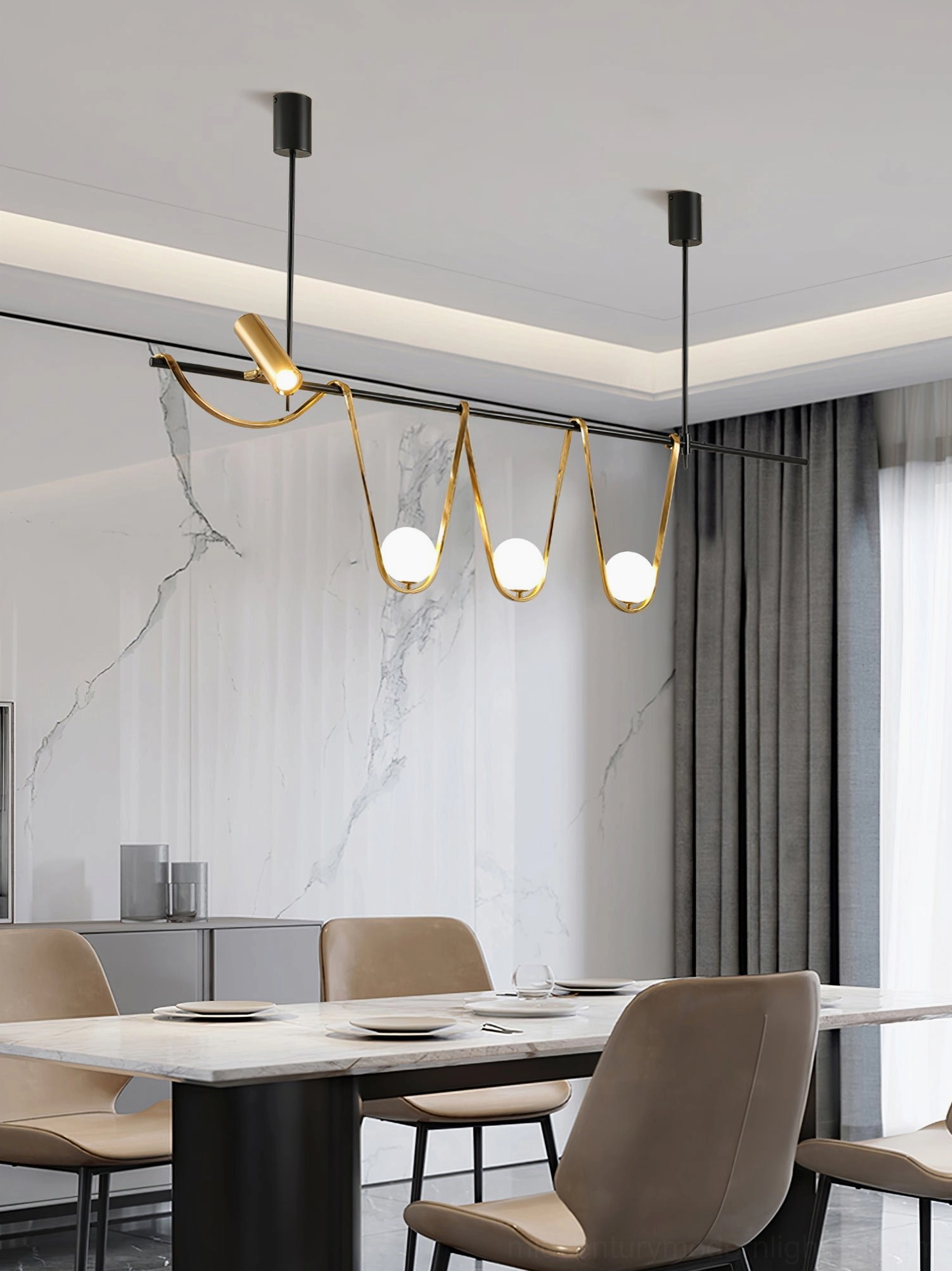 Modern linear island pendant light in light-toned kitchen with warm yellow accent chair - contemporary dining area