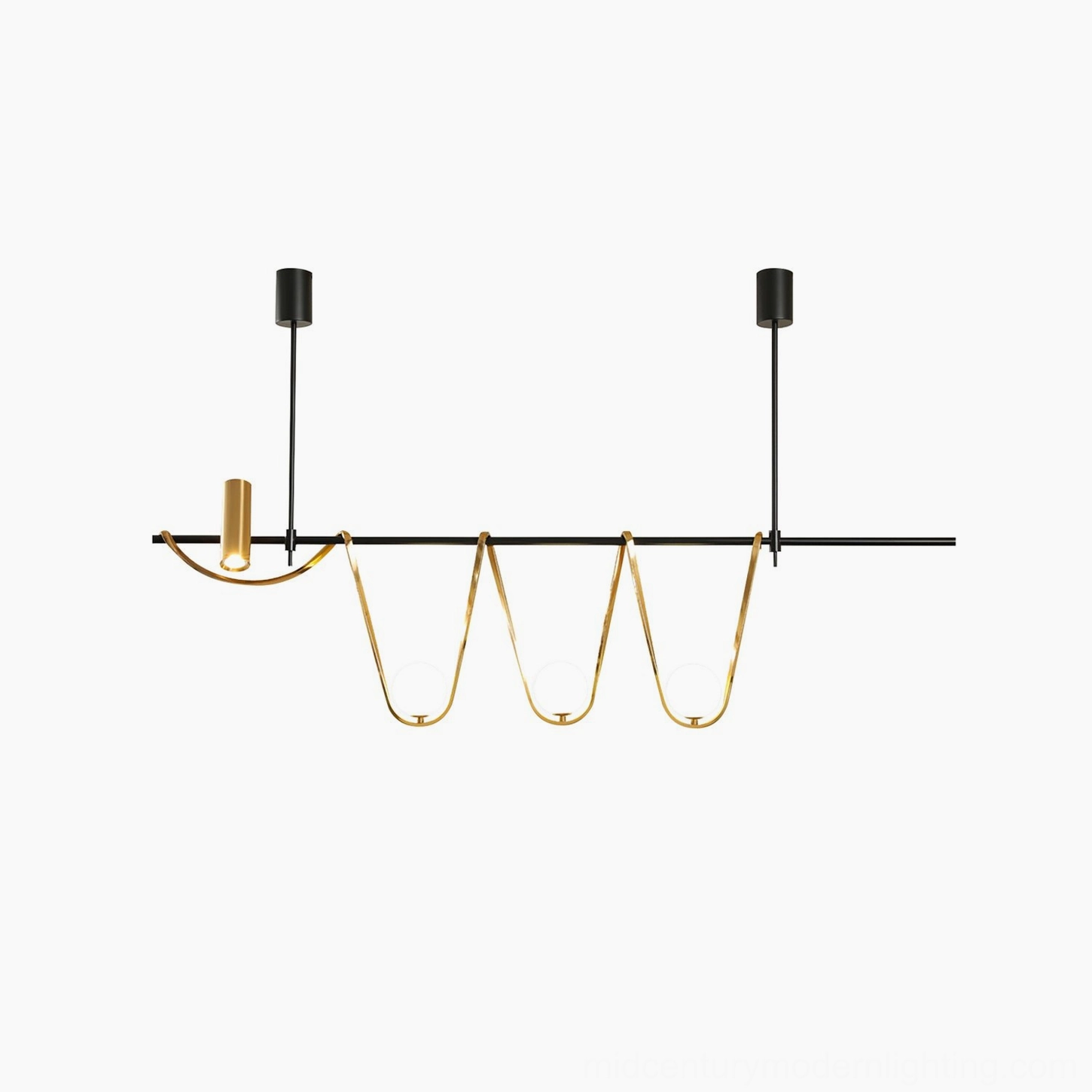 Modern linear island chandelier - mid-century pendant light fixture with curved metal and glass