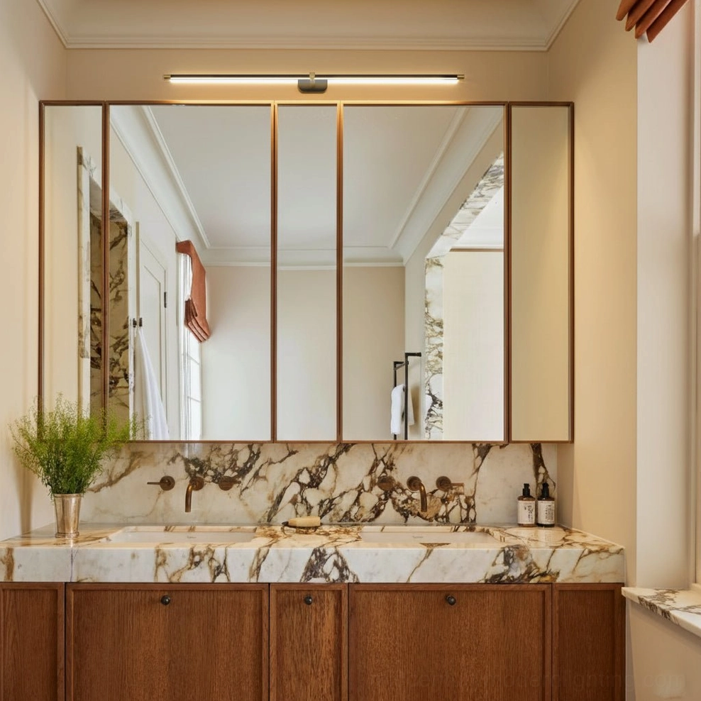 Linear wall light mounted in luxury bathroom with marble countertop and multi-panel mirrored medicine cabinet