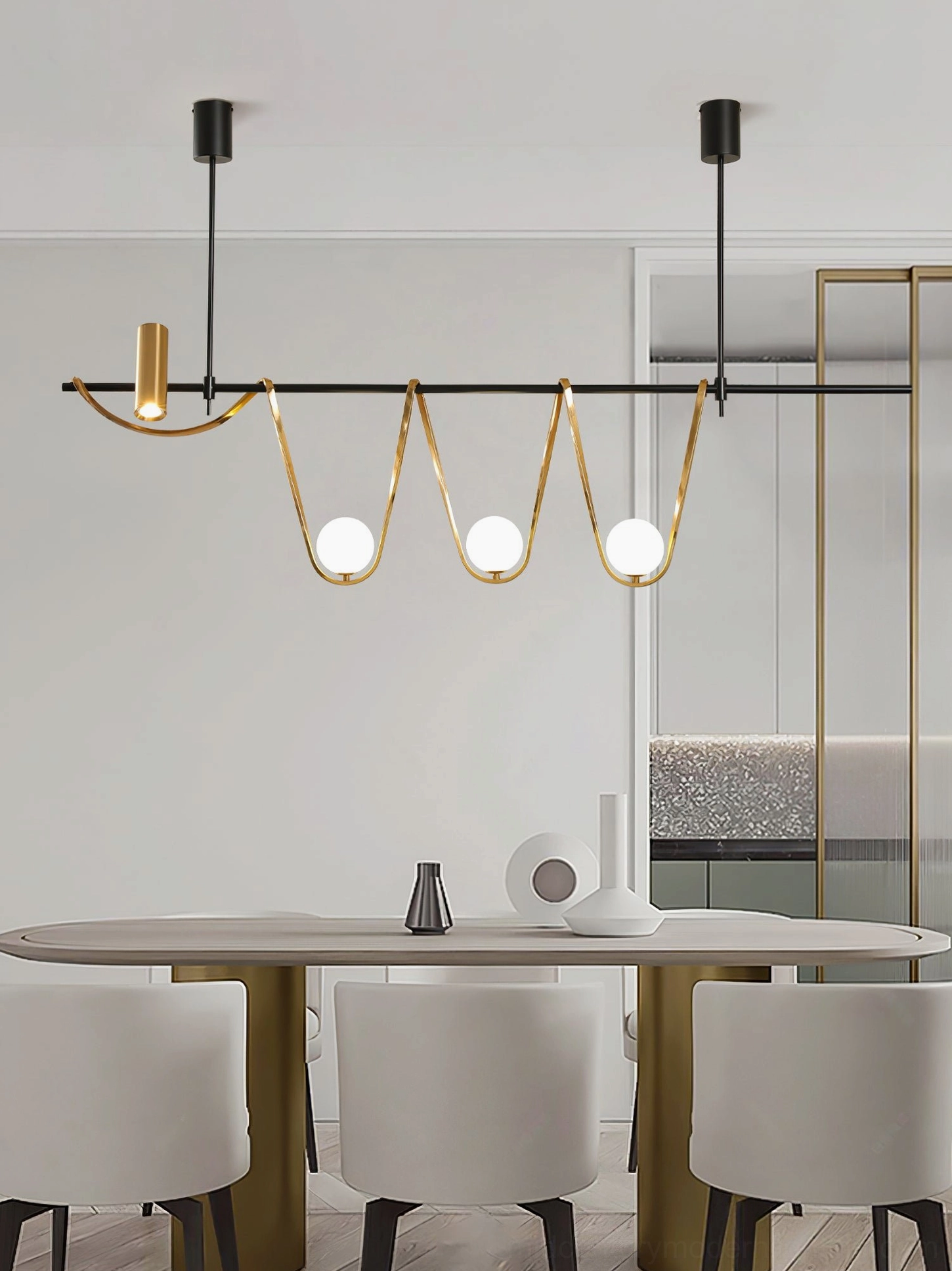 Black and white curved linear pendant lamp with frosted glass sphere fixtures modern lighting design