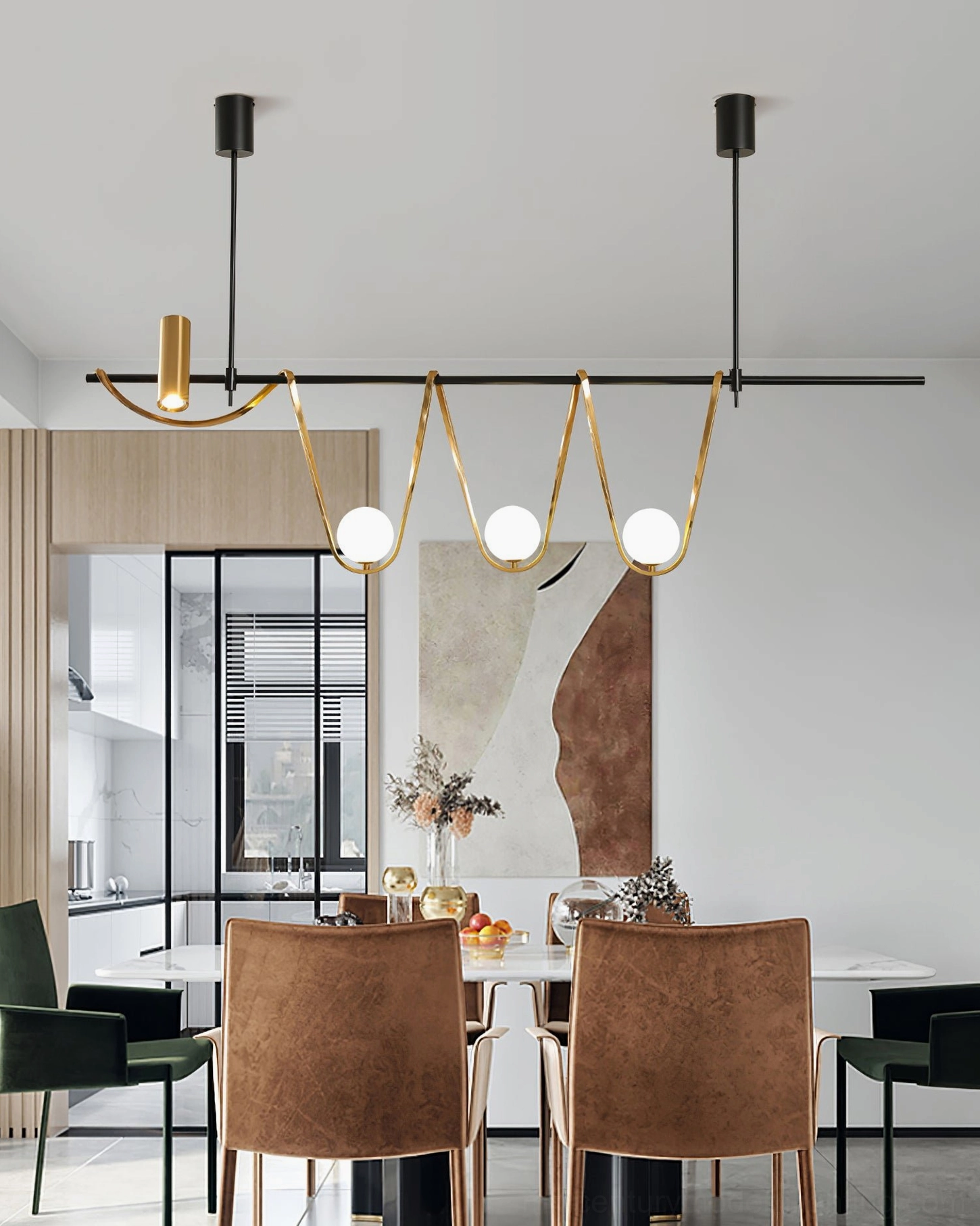 Linear island chandelier above formal dining table with leather chairs - mid-century modern dining room lighting