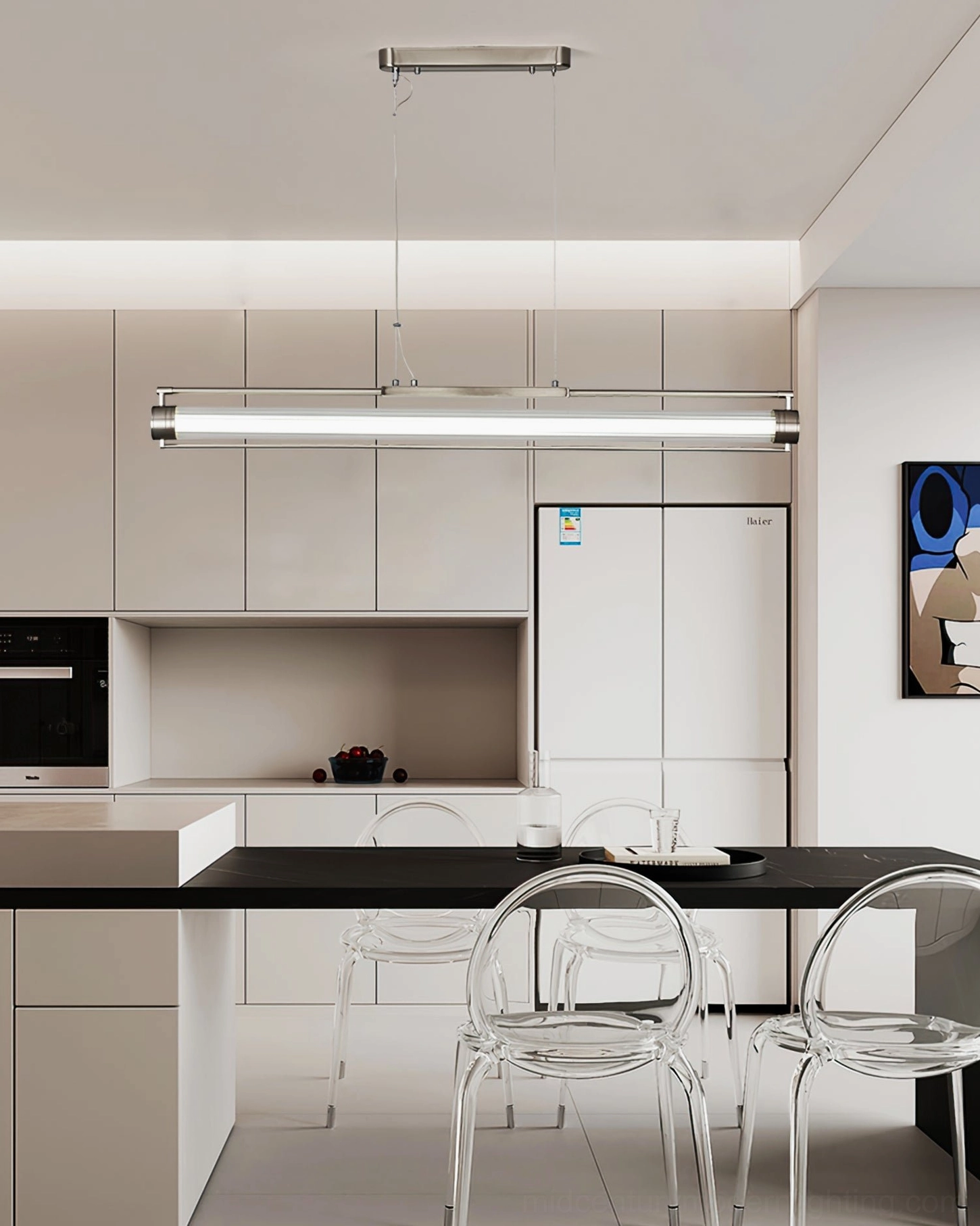 Lirna LED chandelier displaying ribbed glass shade and metallic construction detail on white background