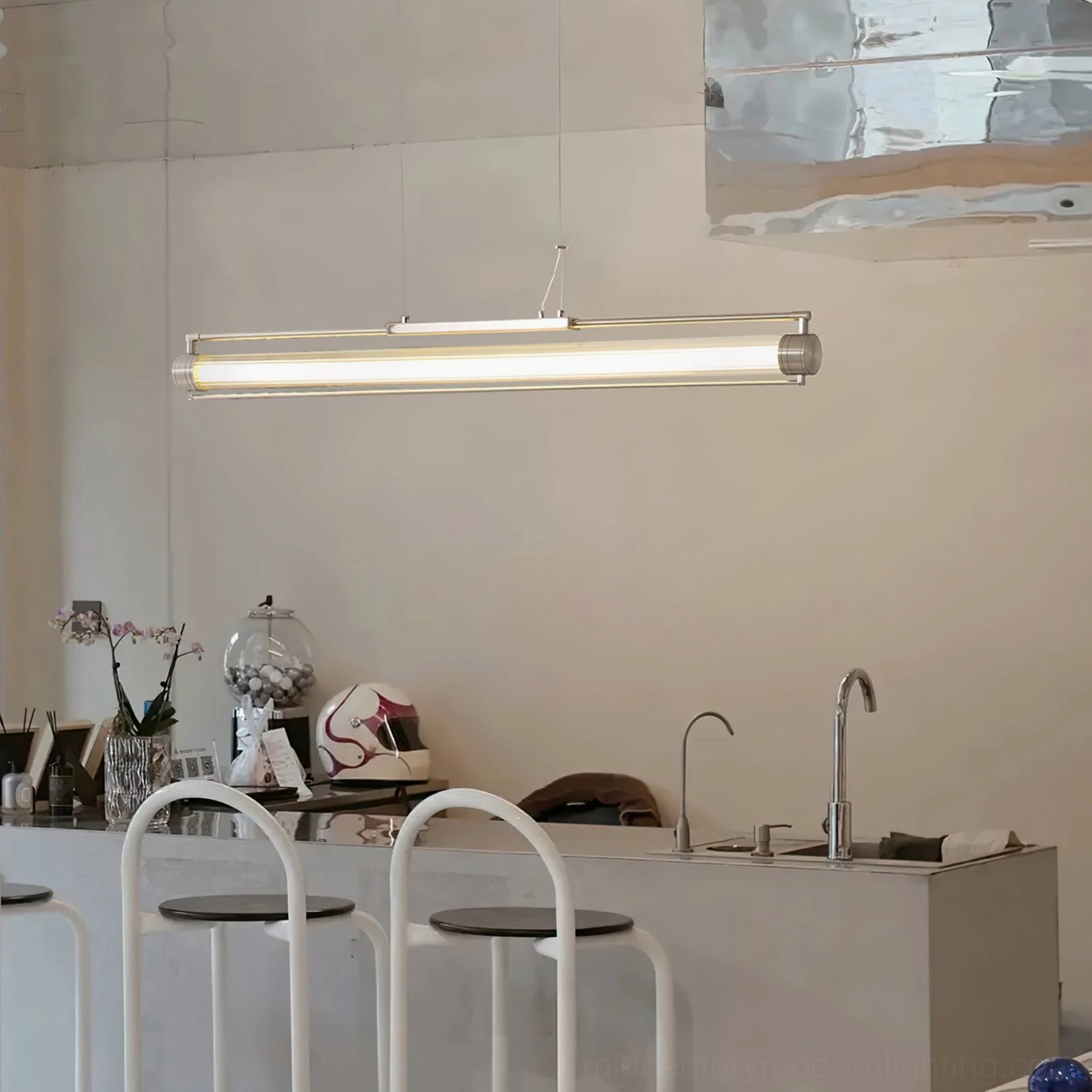 Lirna linear LED chandelier with energy-efficient integrated LEDs and wall switch control feature