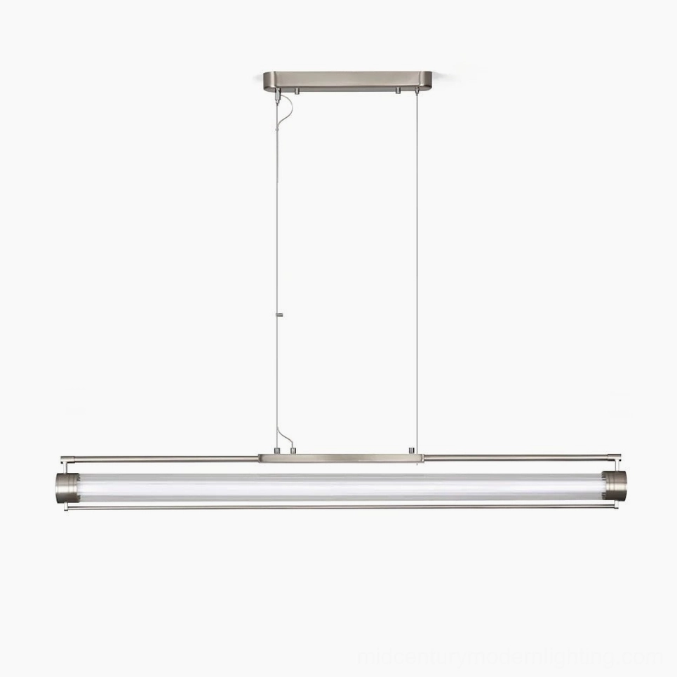 Lirna linear LED chandelier with brushed nickel finish and ribbed clear glass shade on white background