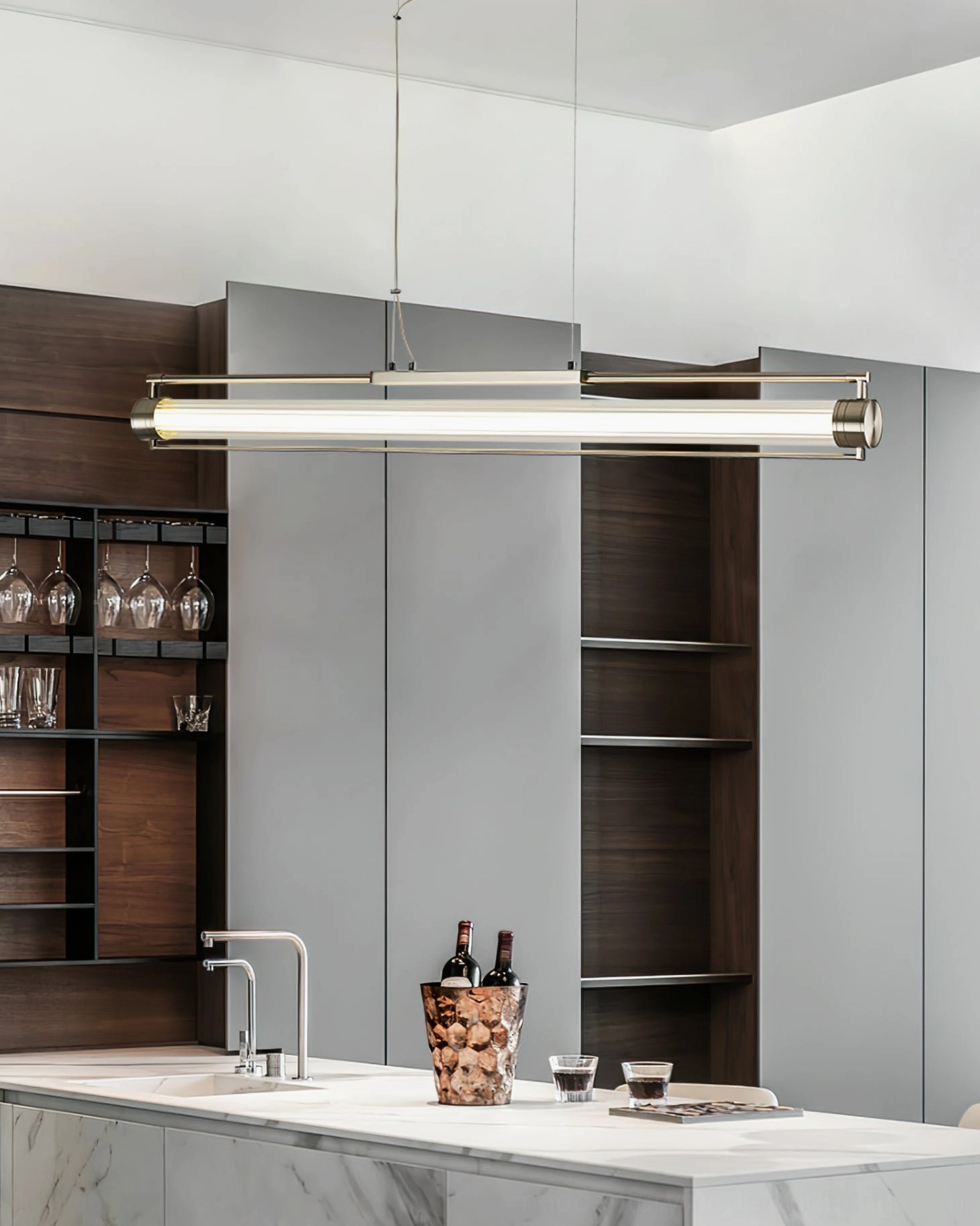 Lirna linear pendant light showcasing minimalist design and integrated LED system close-up