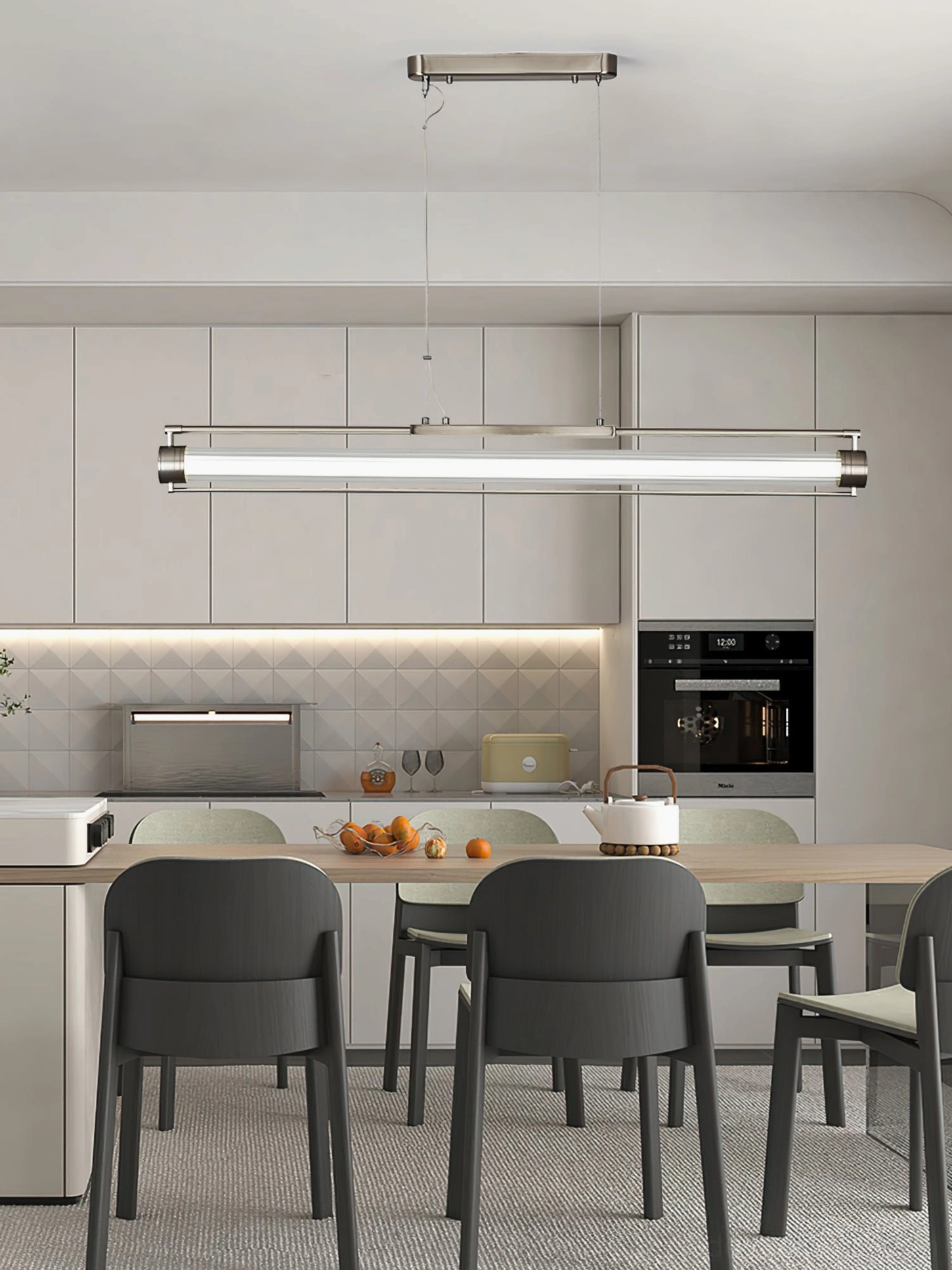 Lirna modern linear LED chandelier featuring three-color changing light technology in contemporary home