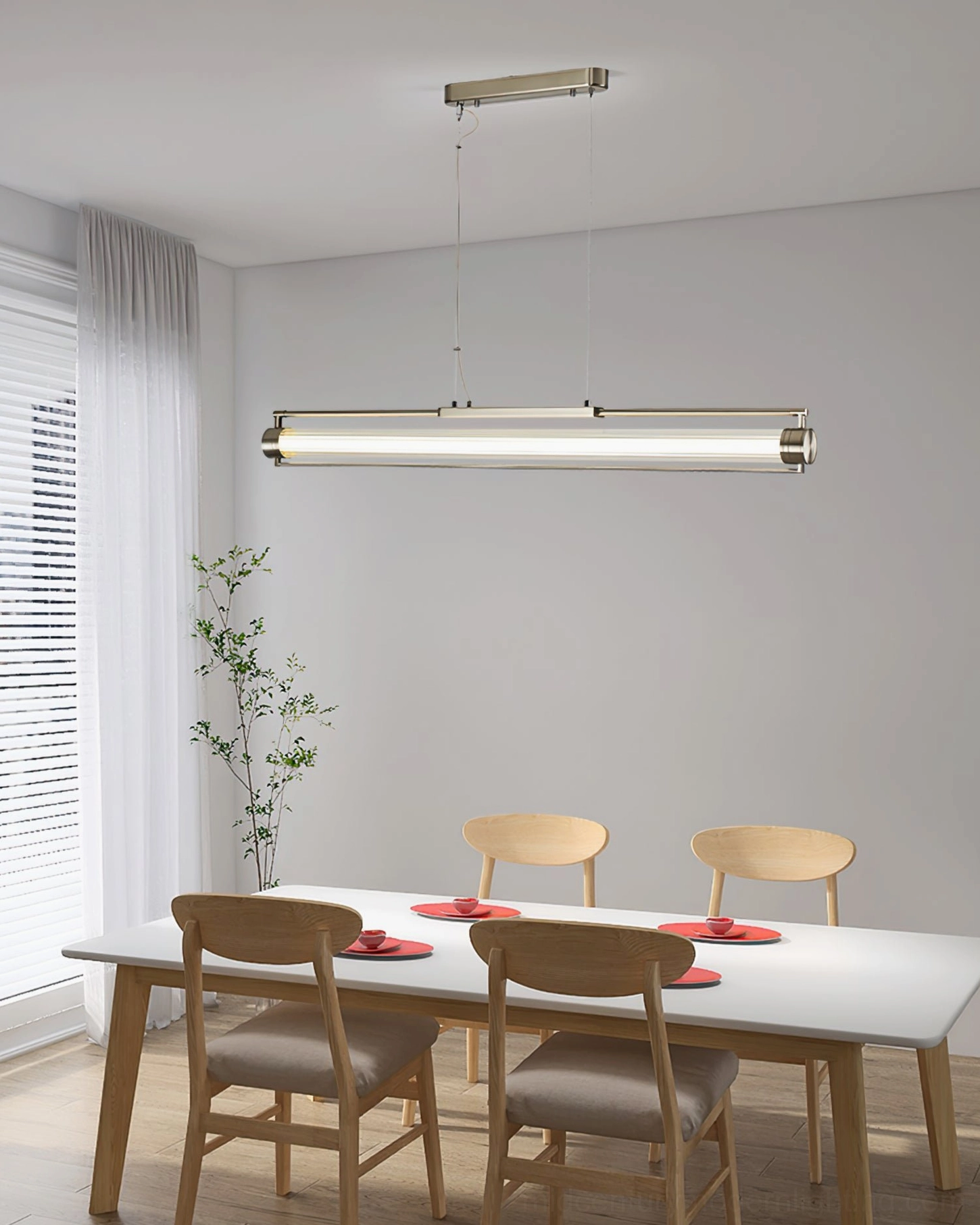 Lirna three-color changing LED chandelier illustration showing cool neutral and warm light modes