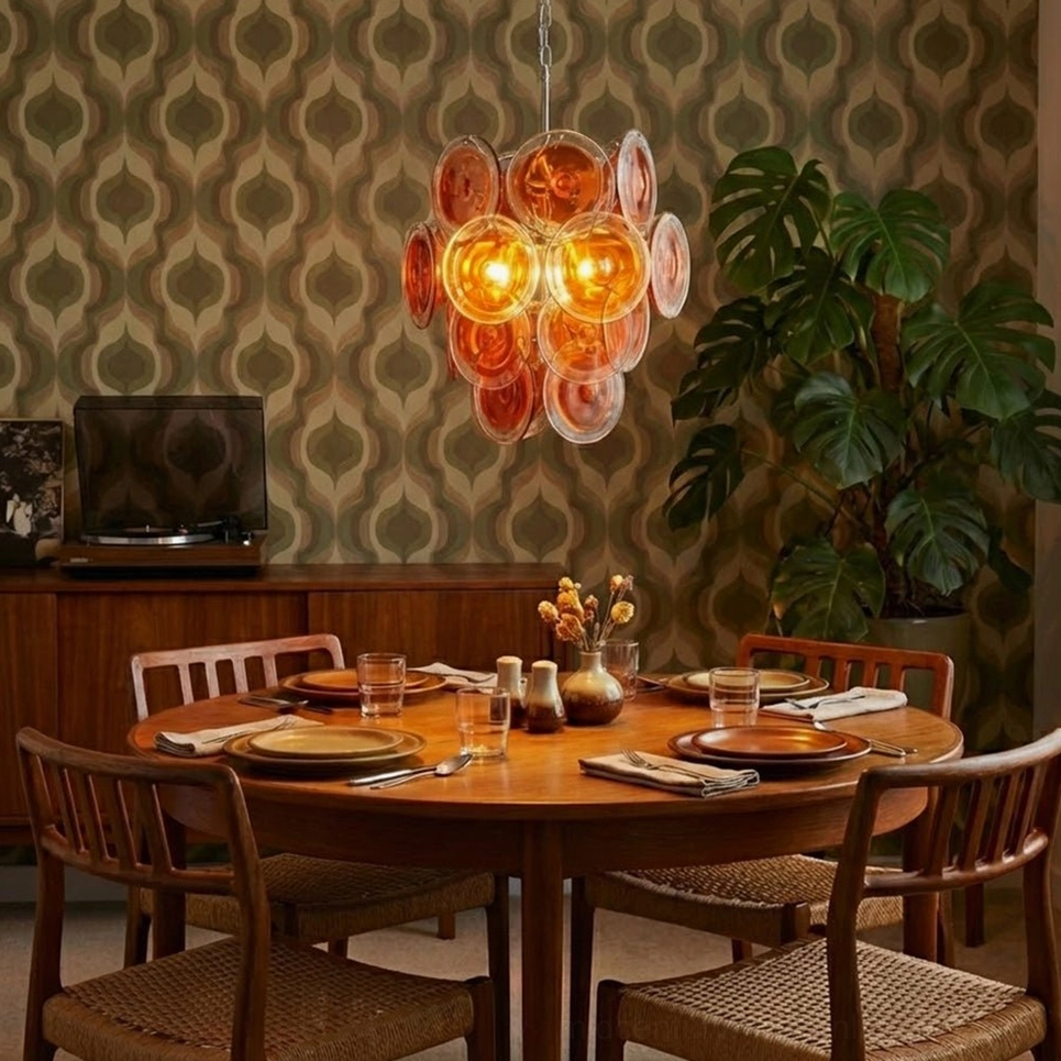 Illuminated orange Murano chandelier mid-century modern dining room ambient lighting