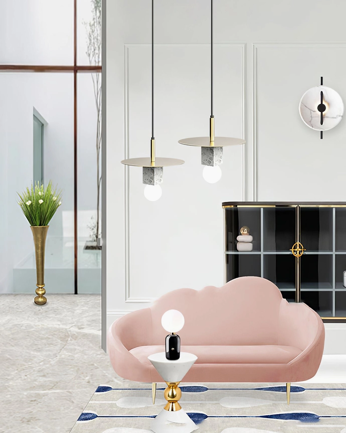 Luxury living room white marble pendant lights minimalist interior design