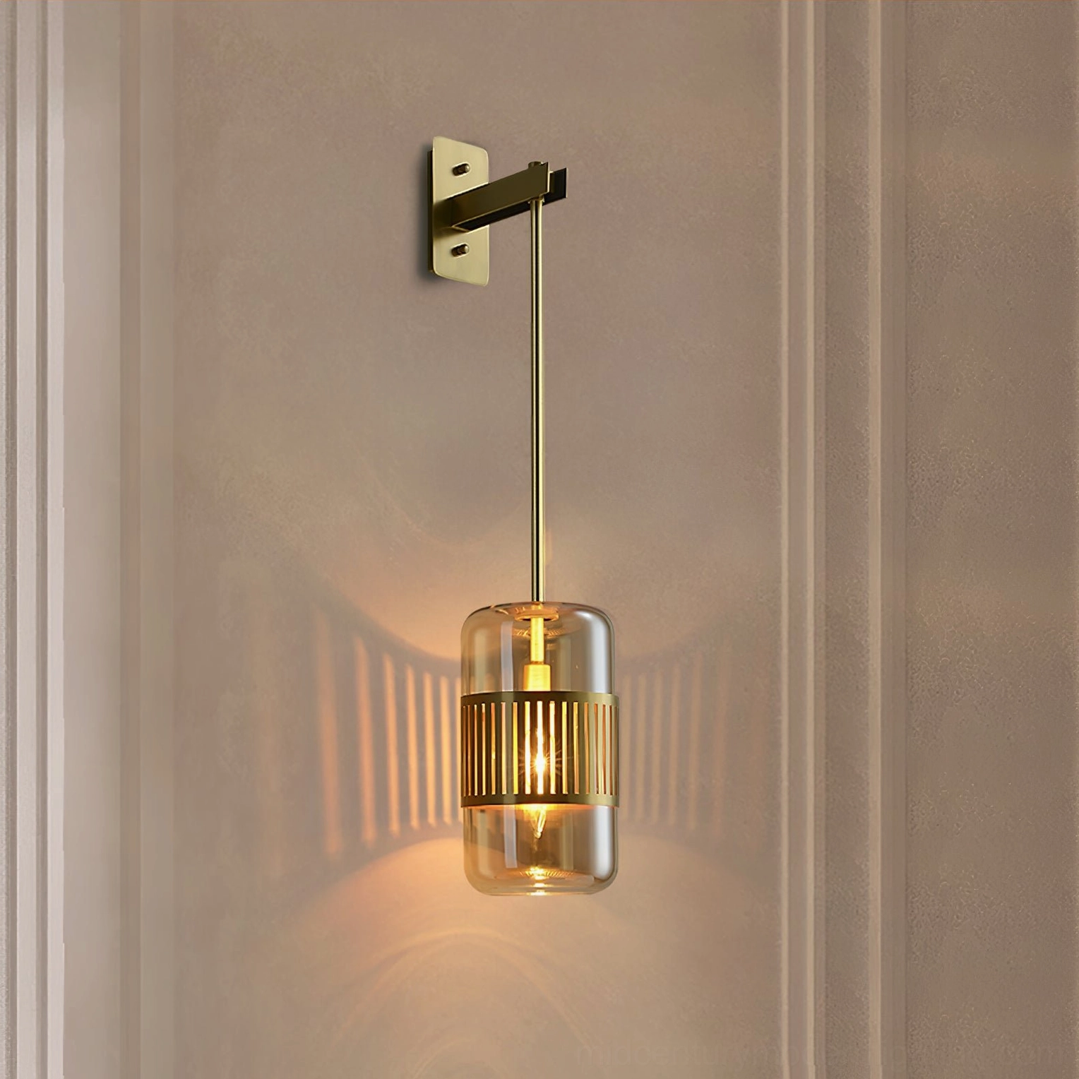 Lizak wall sconce in hotel bedroom style interior, boutique ambiance with warm brass and glass shade elements