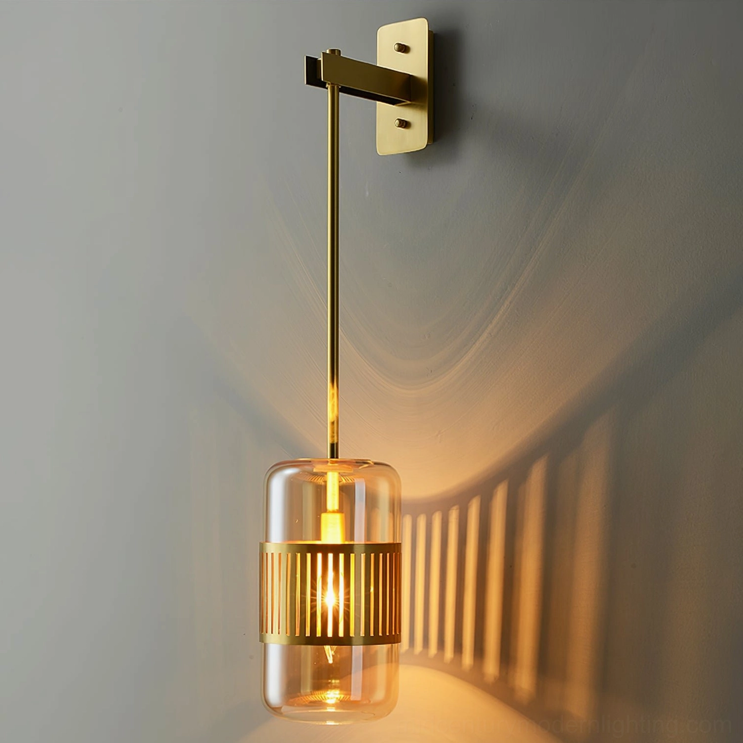 Lizak brass wall sconce detail showing slat framework precision and engineering quality in modern design