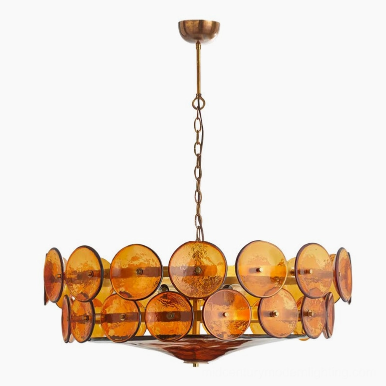 Lorenzo 100cm large amber orange glass disc chandelier showing warm vintage color palette