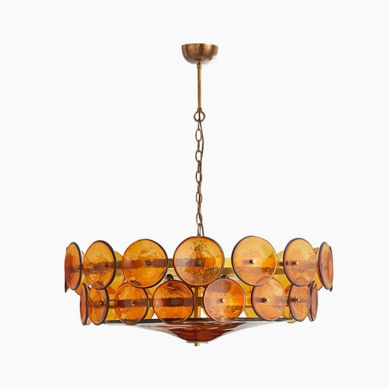 Lorenzo 80cm medium orange amber glass disc chandelier in mid-century modern living room