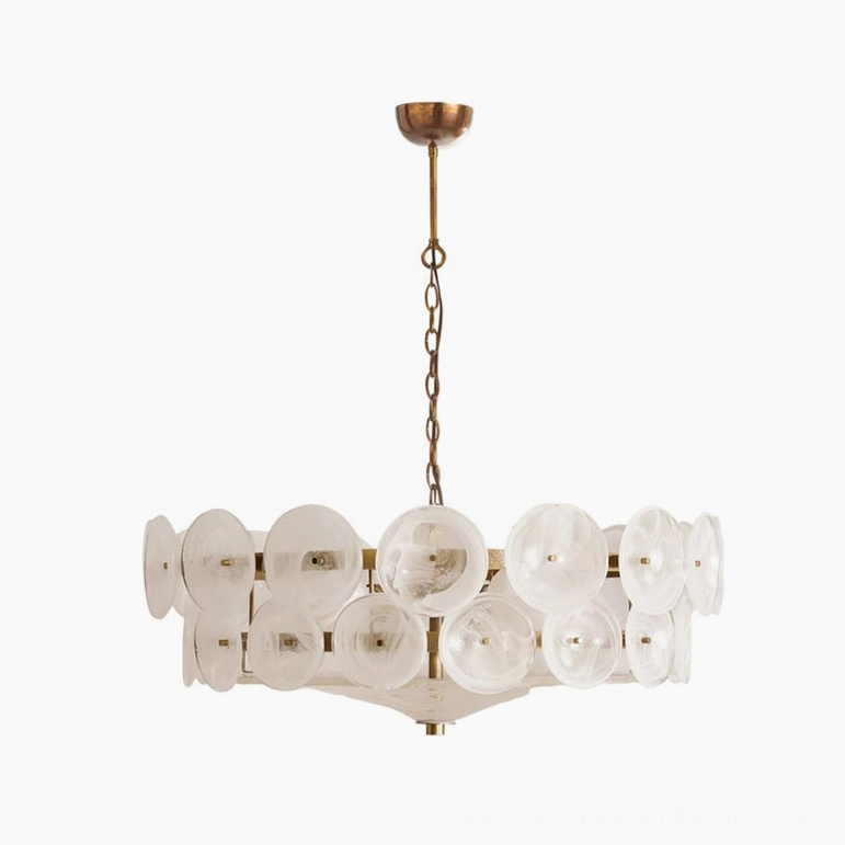 Lorenzo 80cm medium white soft glass disc chandelier spanning dining room with elegant light